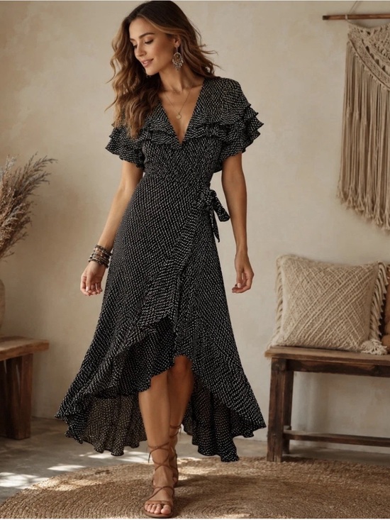 ALI & JAY Dresses & Skirts - Ali & Jay Pointelle Wrap Ruffle Dress Black/White Romantic Boho
